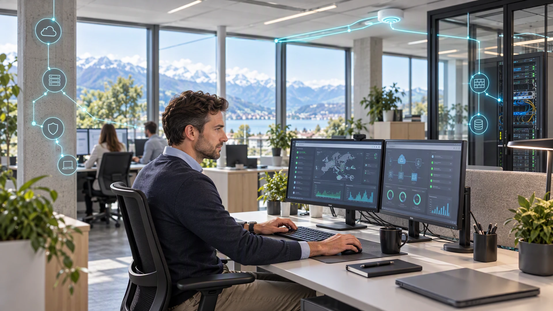 Exxo-Managed-Services-2 Mann sitzt in einem Büro vor Monitoren mit Statistiken und Dashboard Elementen