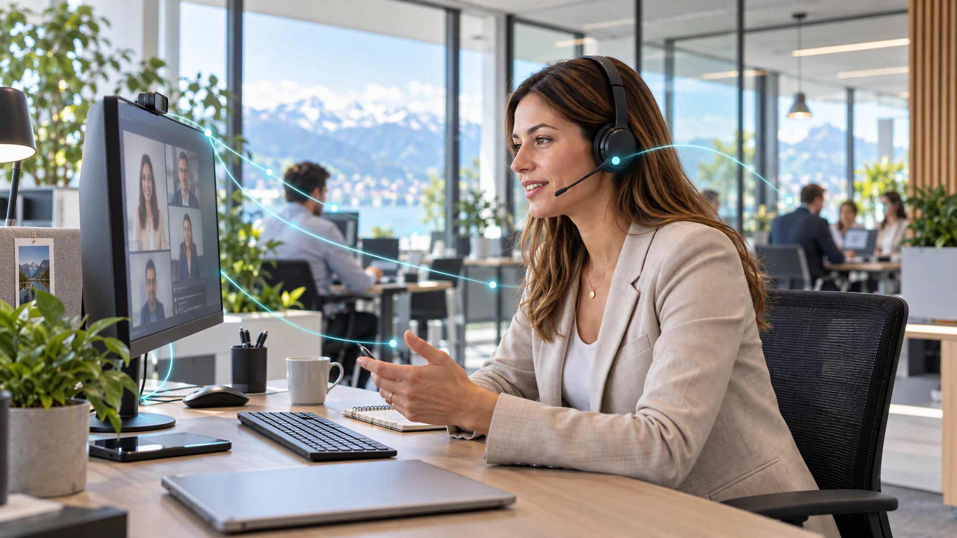 Exxo-Microsoft-Teams Frau sitzt an einem Schreibtisch in einem Büro und nimmt mit einem Headset an einem Teams Meeting teil