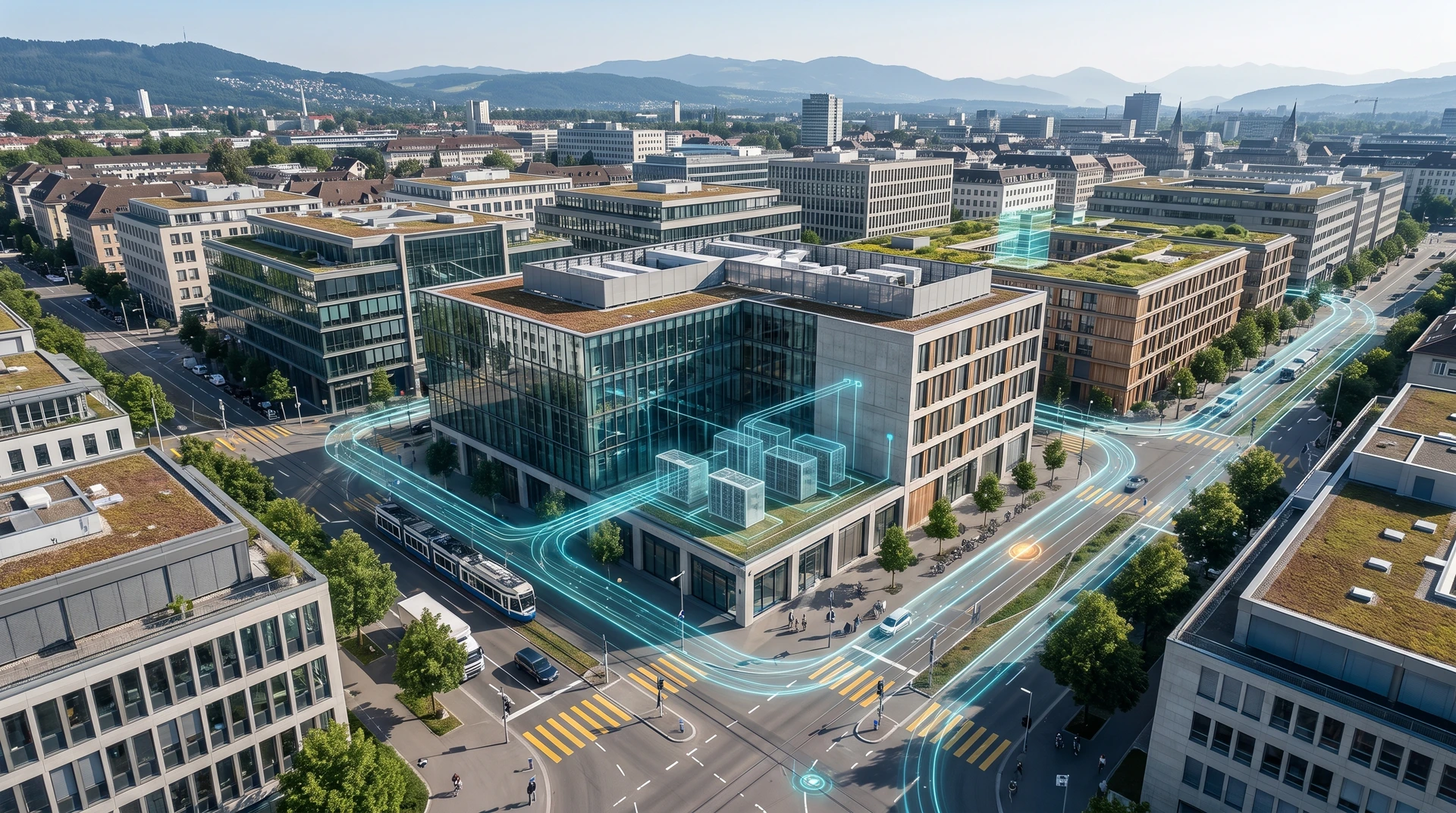 Exxo-Security Vogelperspektive auf ein Bürogebäude mit futuristischen Datenströme und Serverschränke