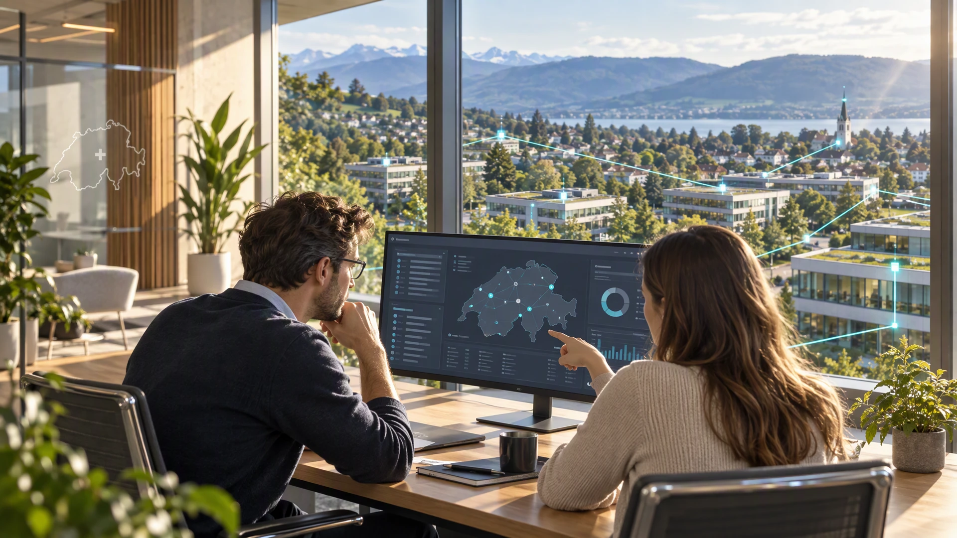 Exxo-Vulnerability-Intelligence Ein Mann und eine Frau schauen sich ein Dashboard mit Statistiken und eine schweizer Karte an. Im Hintergrund ist eine schweizer Stadt und Landschaft zu erkennen.
