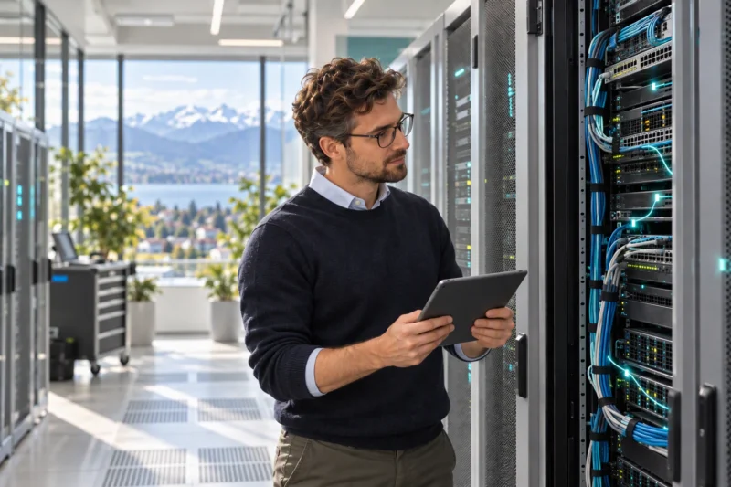 Mann hat ein Tablet in der Hand und prüft Server in einem Serverraum mit visualisierten Datenströmen