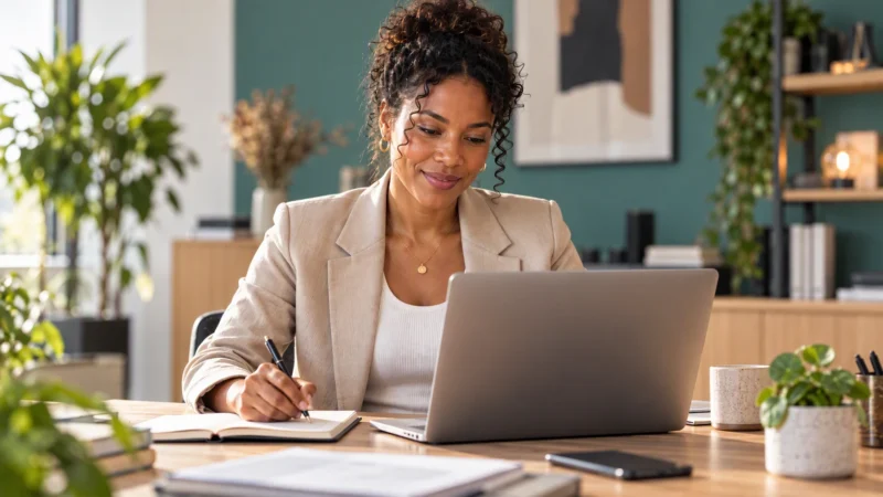 Frau schaut auf einen Laptop und macht sich Notizen