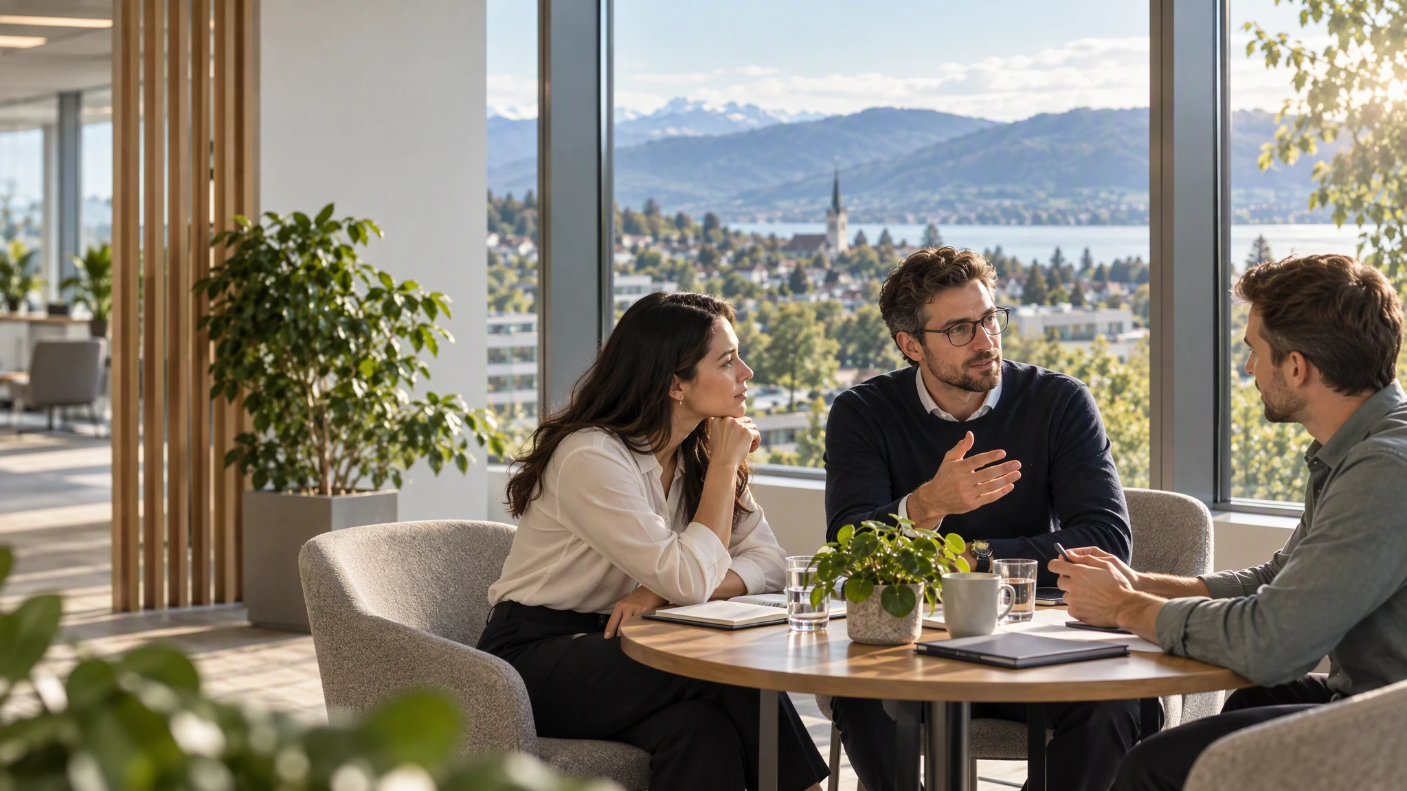 Drei Personen sitzen in einem modernen Bürogebäude an einem Tisch und unterhalten sich interessiert.